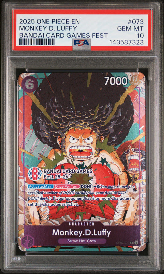 PSA 10 2025 ONE PIECE PROMOS #073 MONKEY D. LUFFY BANDAI CARD GAMES FEST